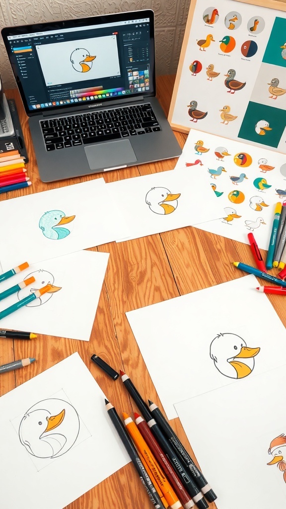 A workspace with sketches of duck logos, colorful markers, and a laptop, showcasing the design process.